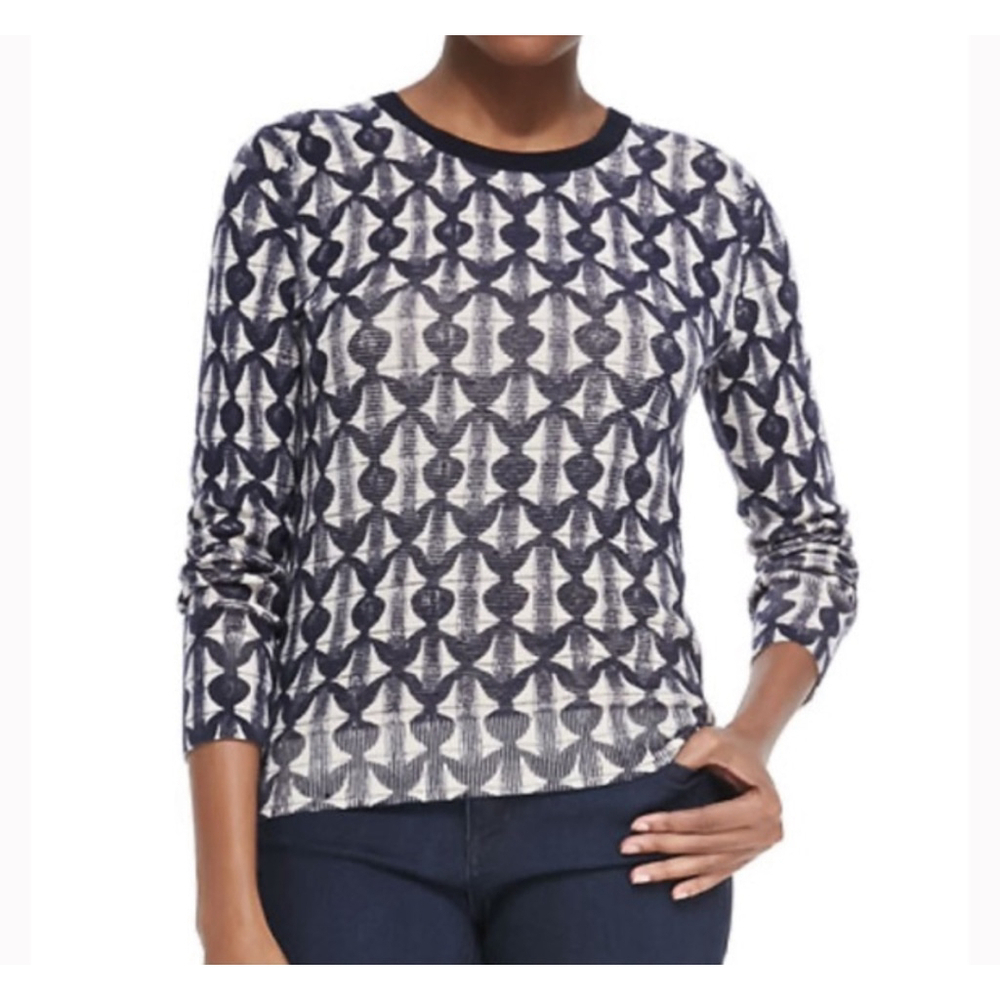 TORY BURCH Sweater Size XS Navy Cream Patterned Merino Wool